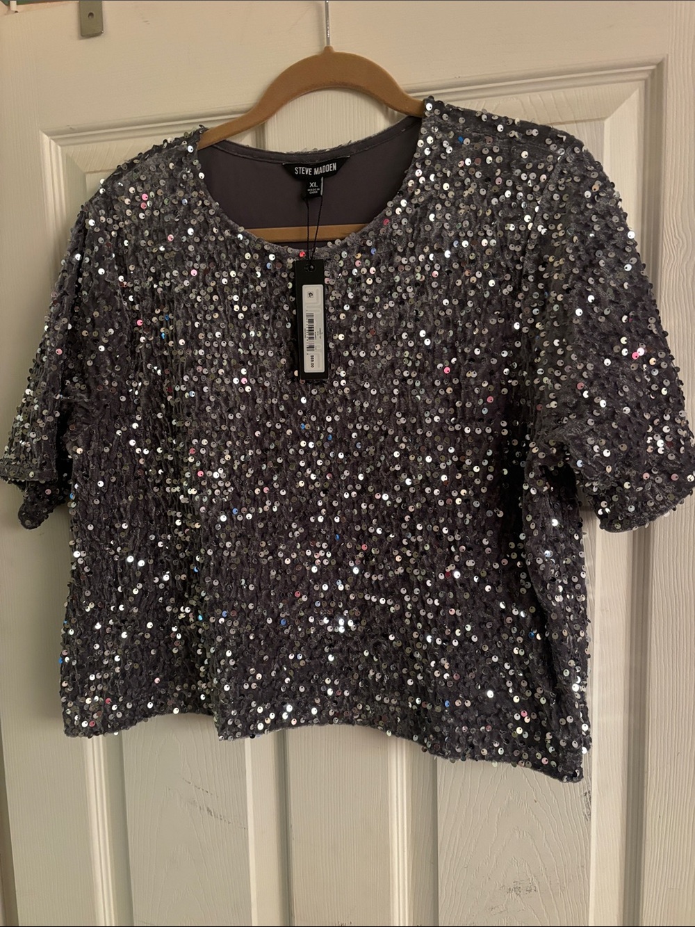 Steve Madden Cressa Top, Grey with Silver Sequins, XL, NWT